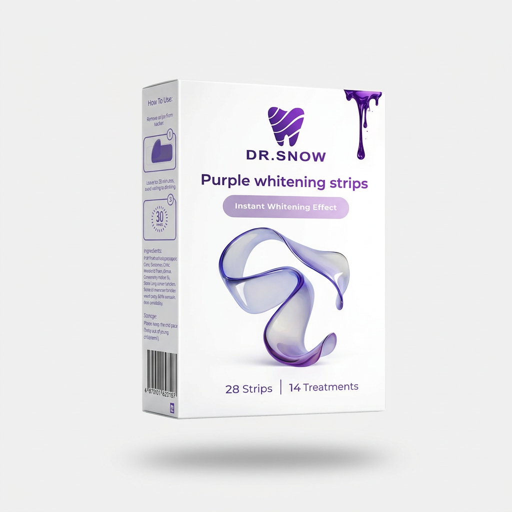 Box of Dr. Snow purple whitening strips on a white background