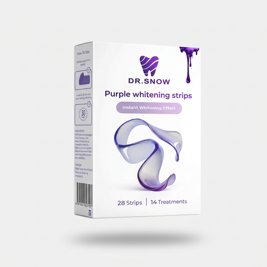 Box of Dr. Snow purple whitening strips on a white background